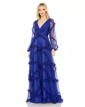 Cascading Ruffle Puff Sleeve A Line Gown