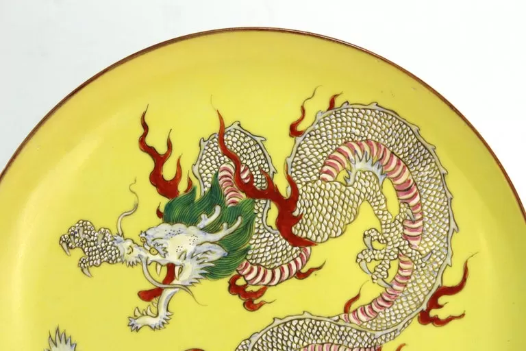 Chinese Yellow Porcelain Charger With Five-Clawed Dragon