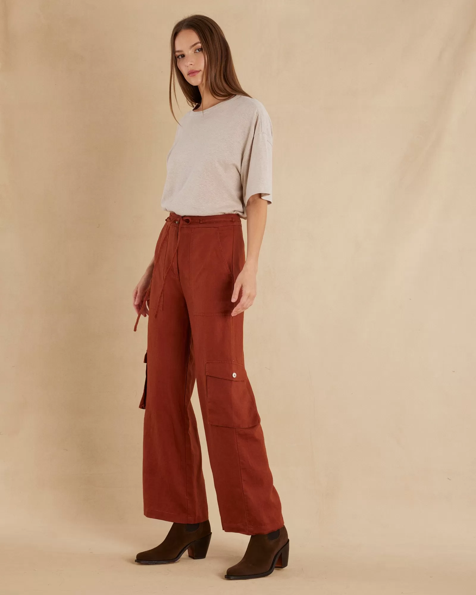 Ciel Linen Cargo Pant - Rust