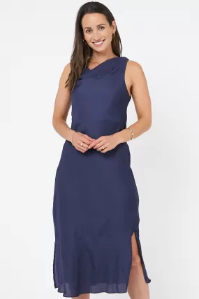 Cowl Neck Satin Navy Midi Slip Dress