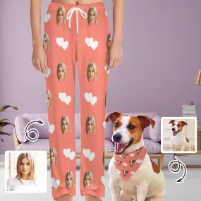 Custom Face White Heart Pink Background Pajama Pants and Pet Dog Bandana