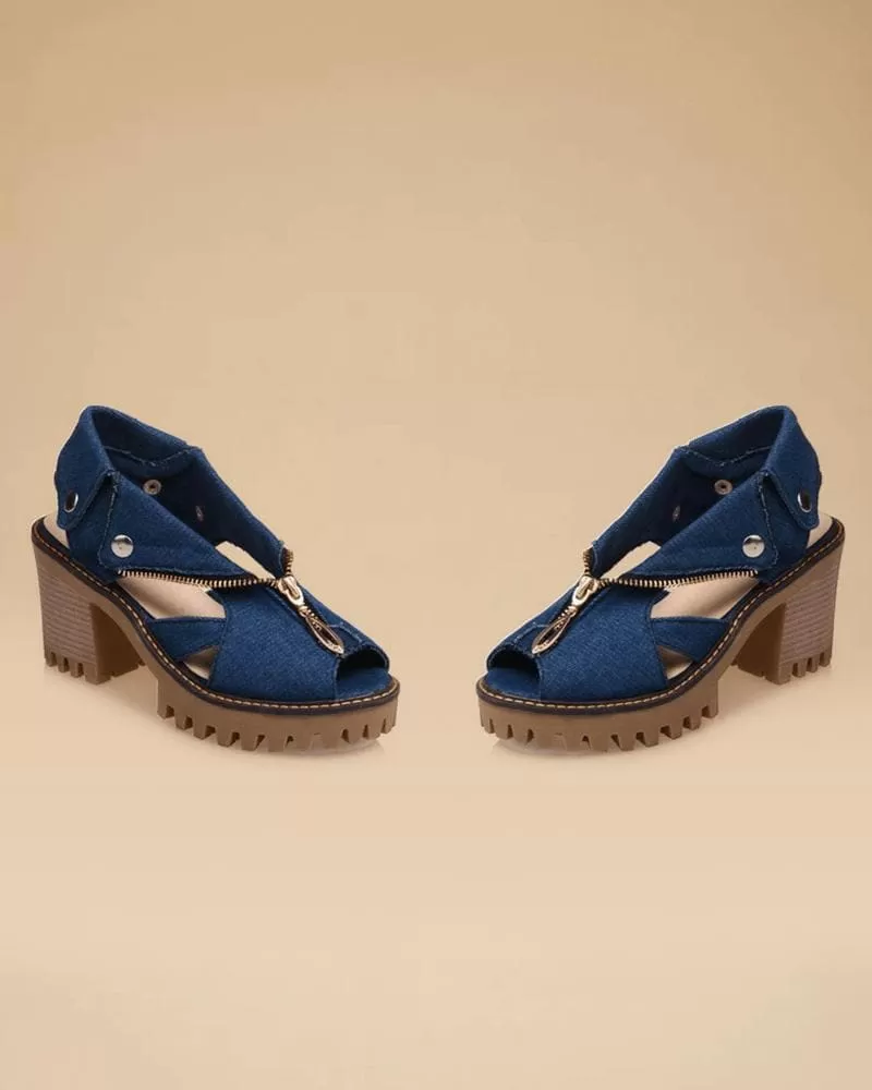 Denim Zipper Block Heel Sandals(Large size)