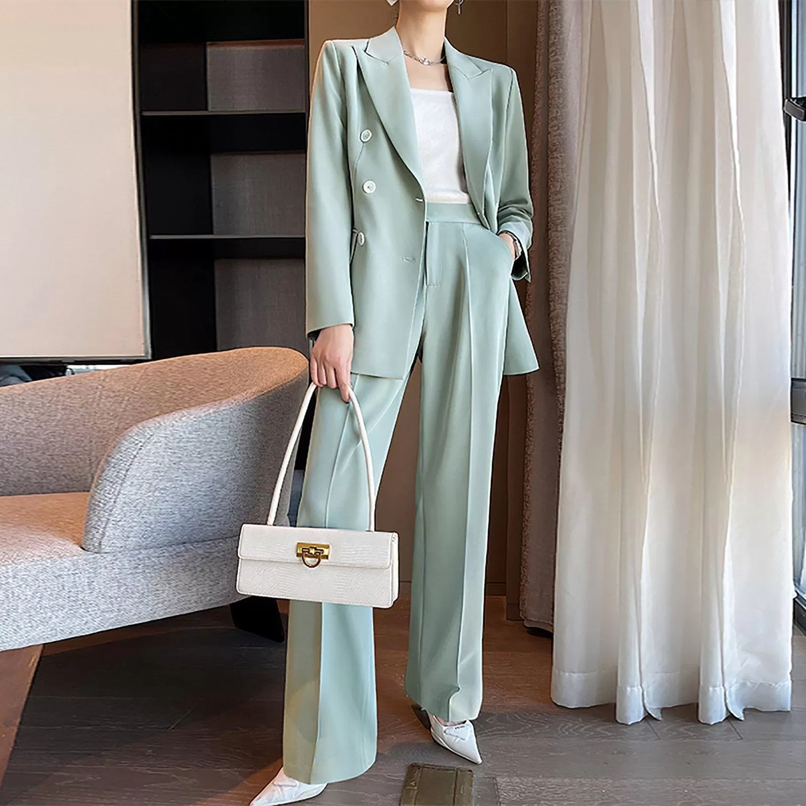 Double Breasted Blazer & Wide Leg Pants Two-Piece Set