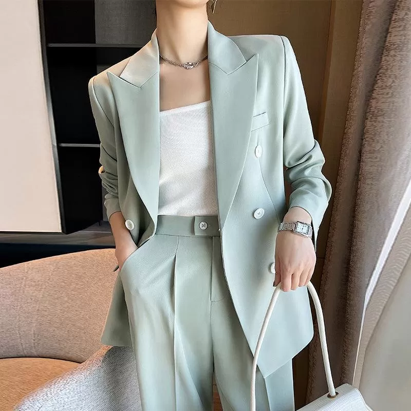 Double Breasted Blazer & Wide Leg Pants Two-Piece Set