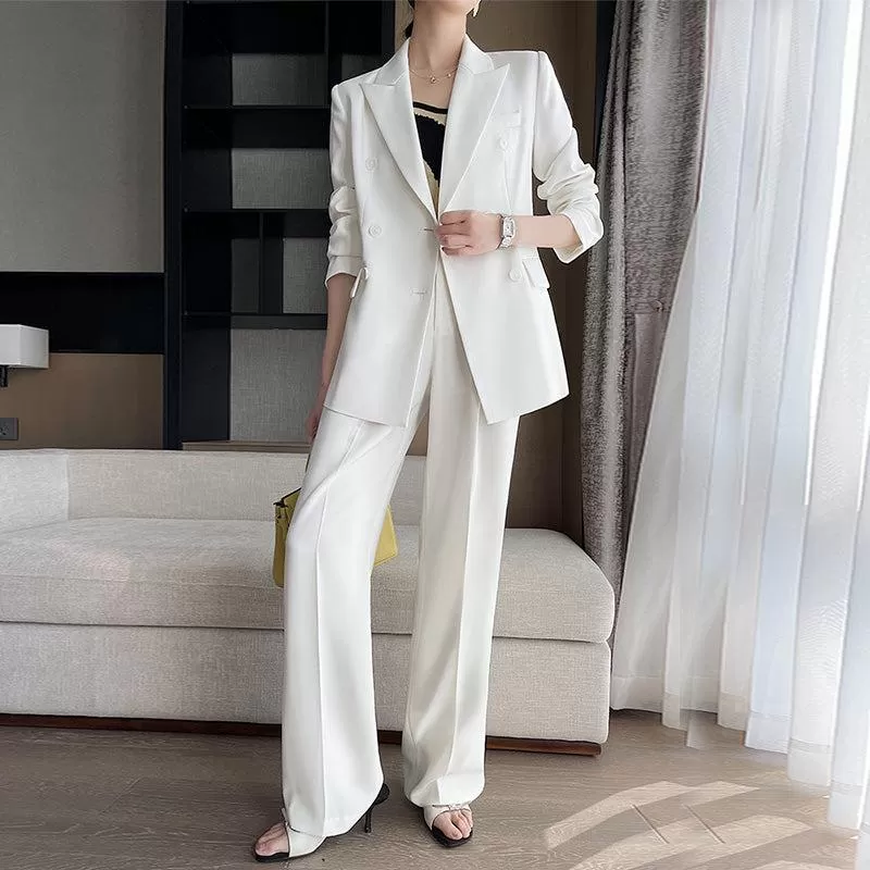 Double Breasted Blazer & Wide Leg Pants Two-Piece Set