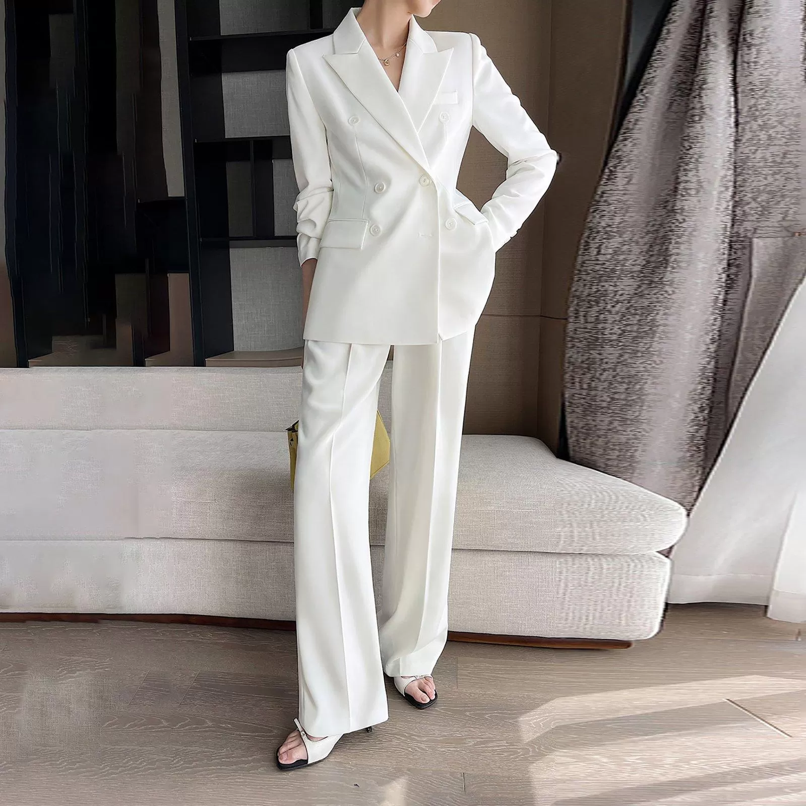 Double Breasted Blazer & Wide Leg Pants Two-Piece Set