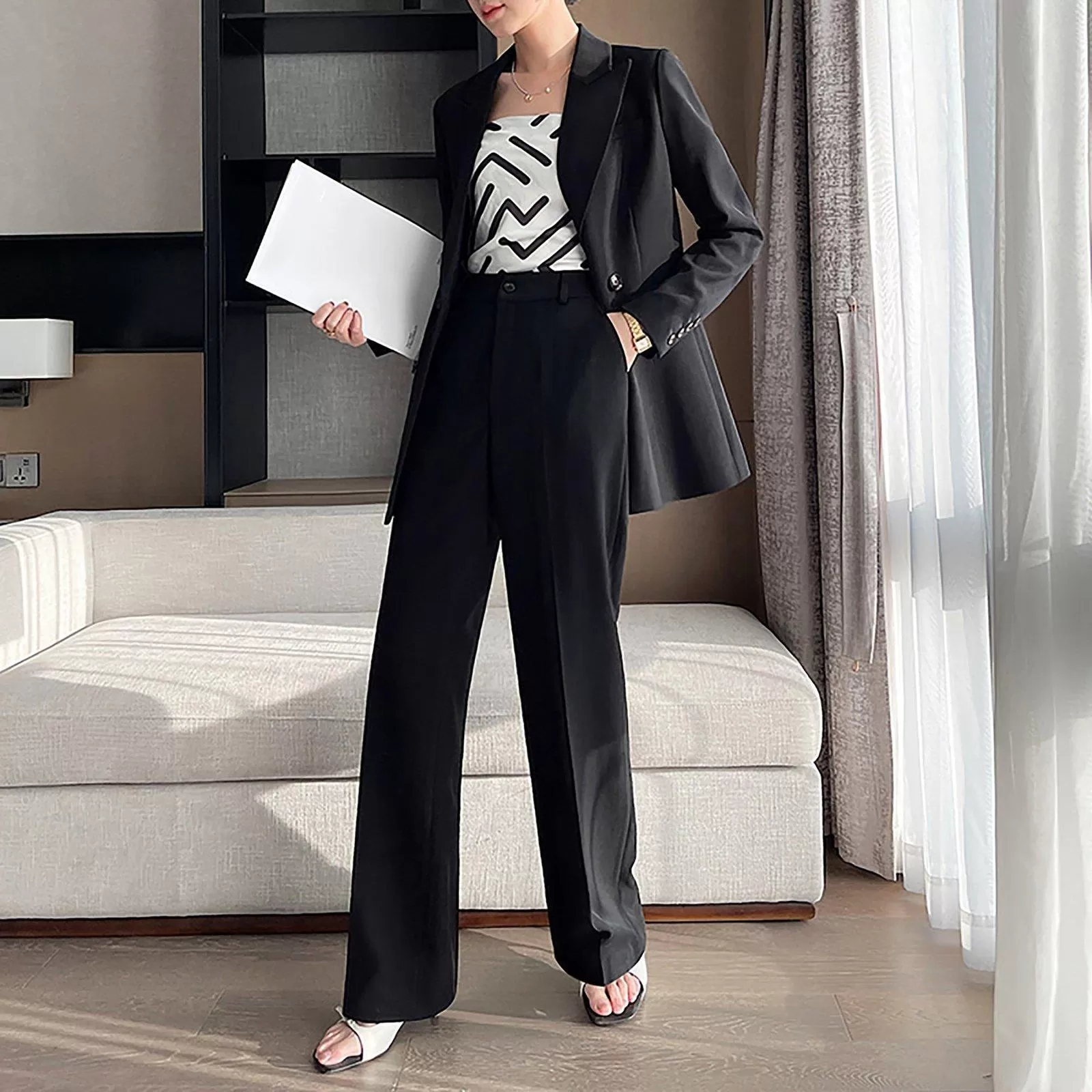 Double Breasted Blazer & Wide Leg Pants Two-Piece Set