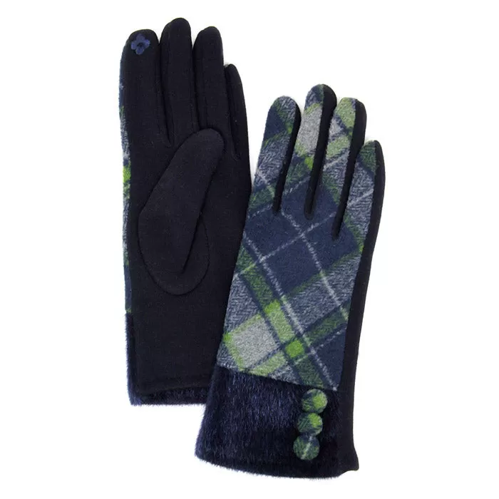 Faux Fur Cuff Plaid Pattern Button Detail Smart Gloves