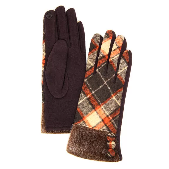 Faux Fur Cuff Plaid Pattern Button Detail Smart Gloves