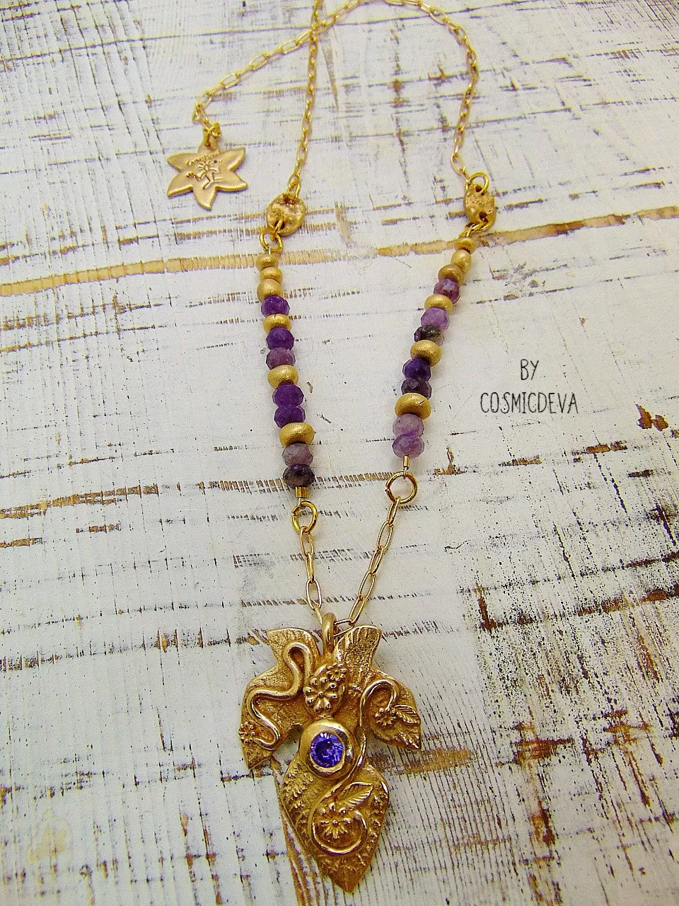 Fig Leaf Tree Pendant With Lepidolite, Gold Bronze Necklace