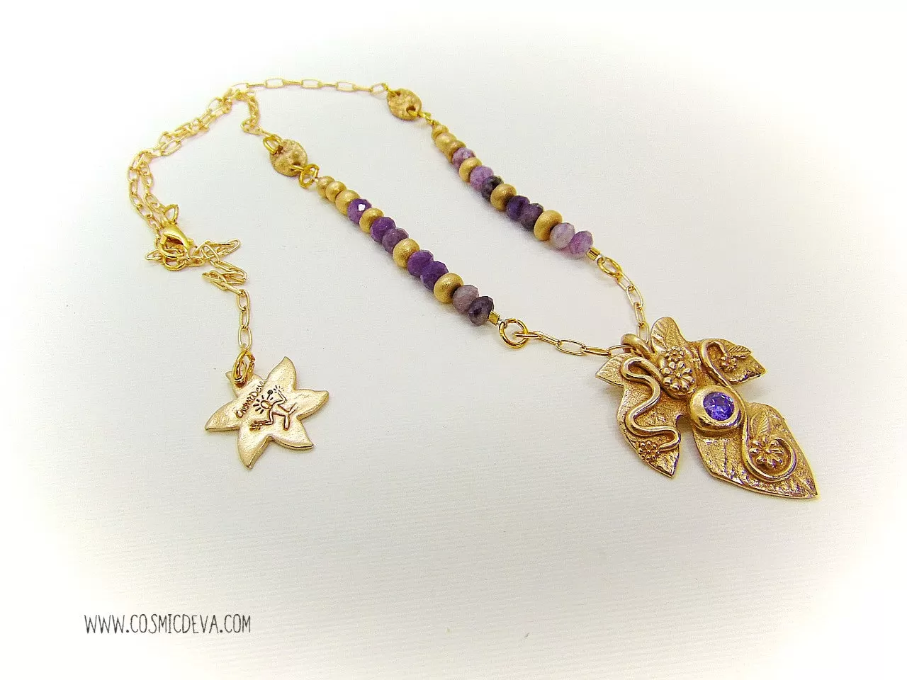 Fig Leaf Tree Pendant With Lepidolite, Gold Bronze Necklace