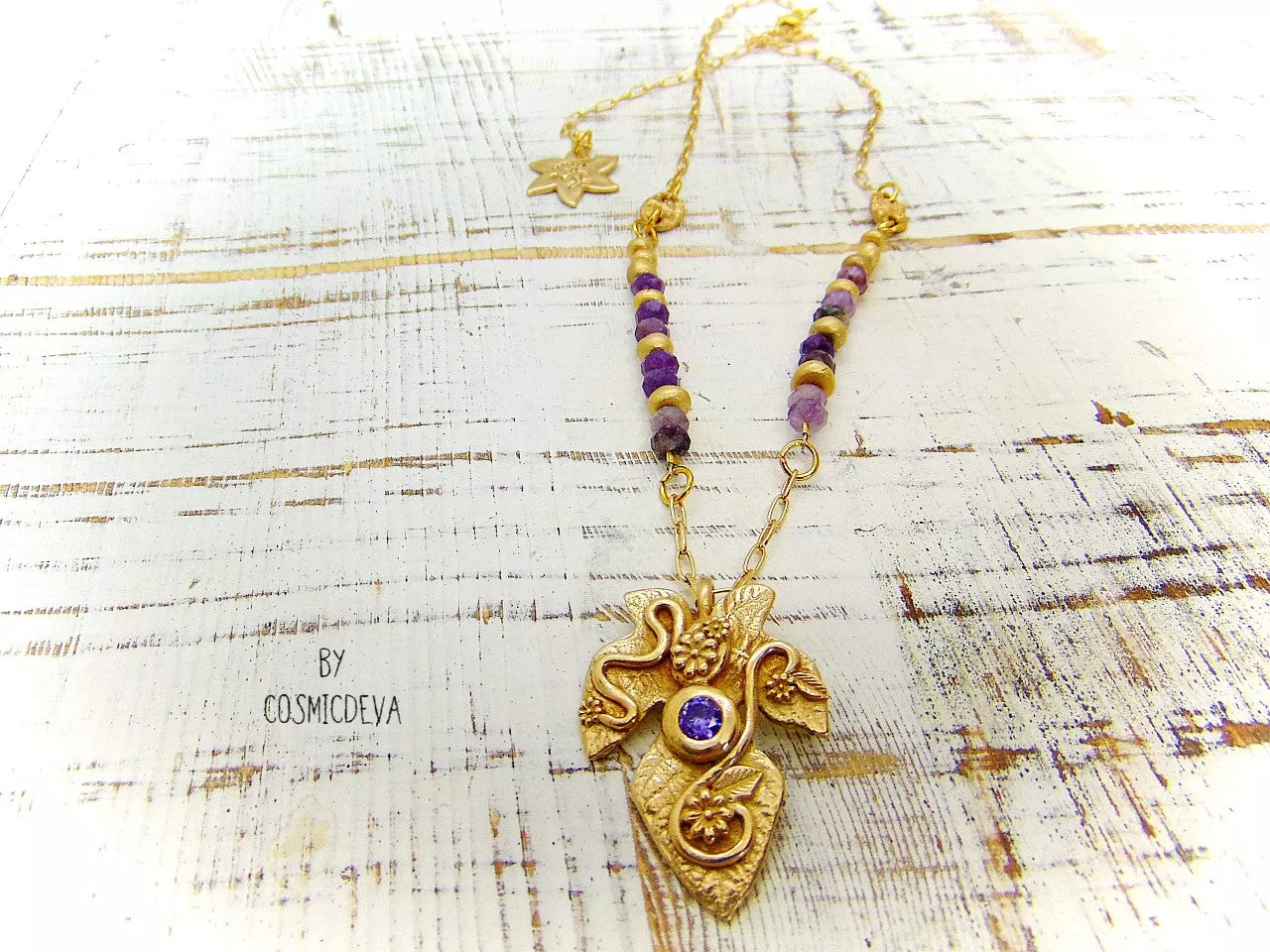 Fig Leaf Tree Pendant With Lepidolite, Gold Bronze Necklace