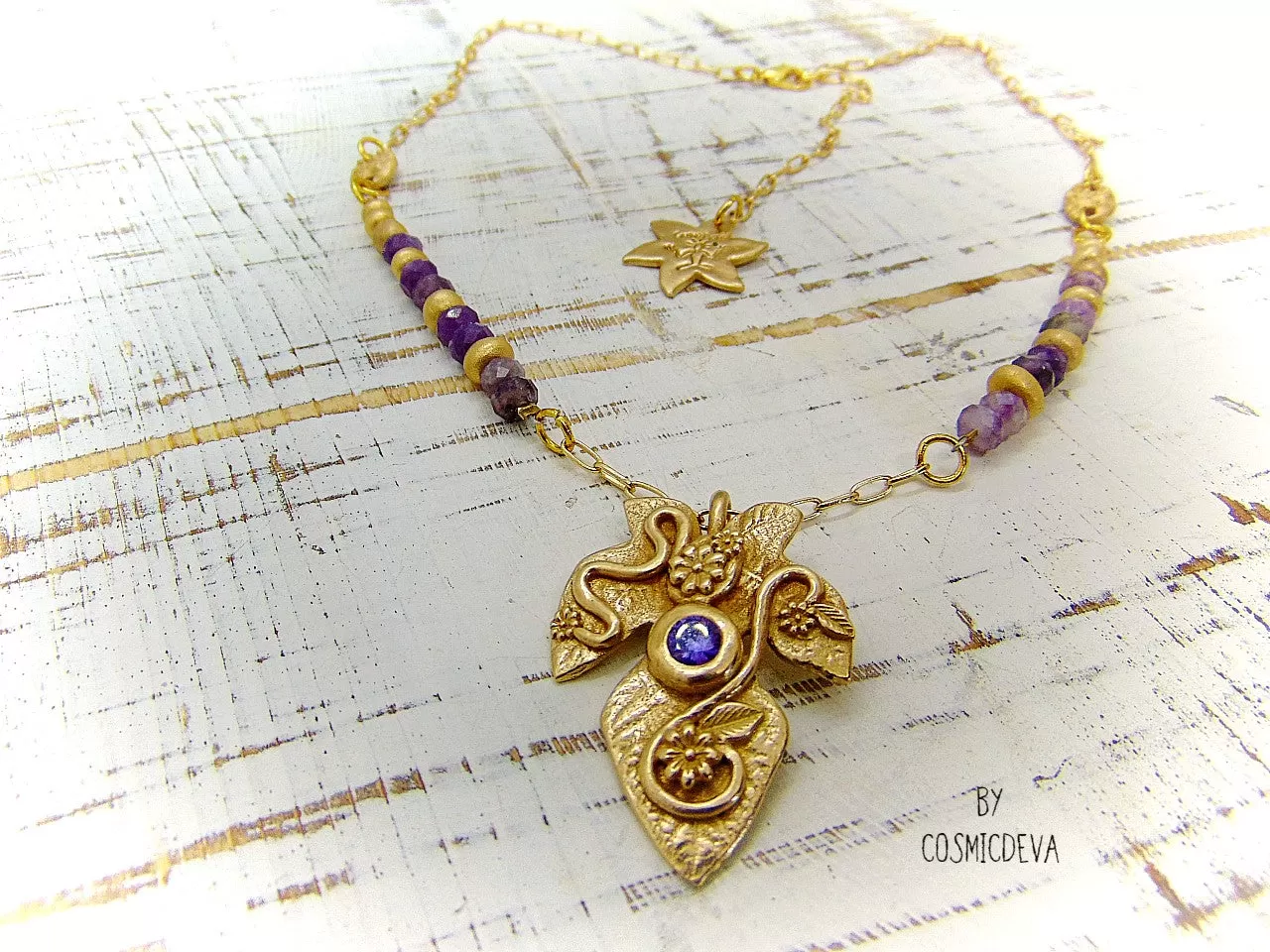 Fig Leaf Tree Pendant With Lepidolite, Gold Bronze Necklace