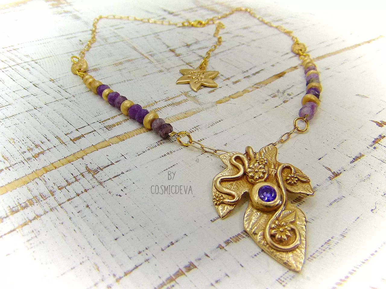 Fig Leaf Tree Pendant With Lepidolite, Gold Bronze Necklace