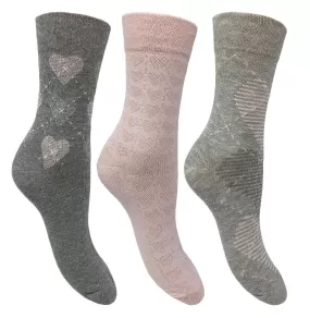 Flexitop Socks 3 Pack Bamboo Socks - Grey Pink and Light Grey Hearts