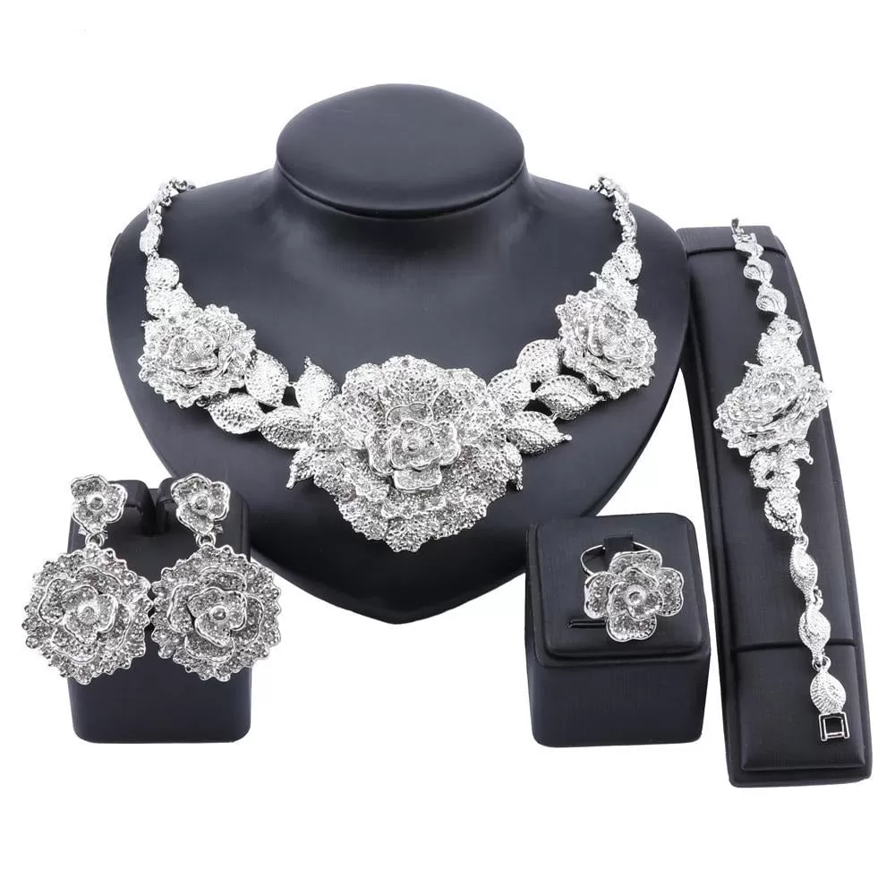 Flower Crystal Necklace, Bracelet, Earrings & Ring Wedding Statement Jewelry Set