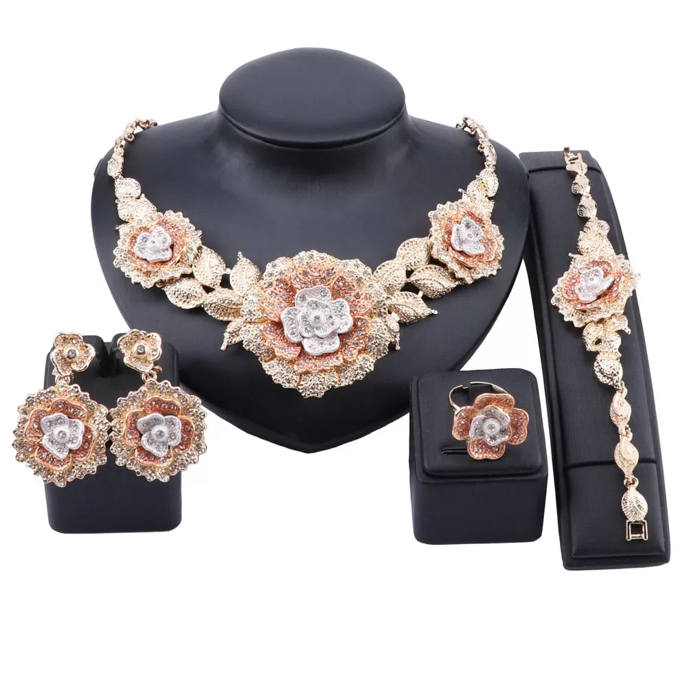 Flower Crystal Necklace, Bracelet, Earrings & Ring Wedding Statement Jewelry Set