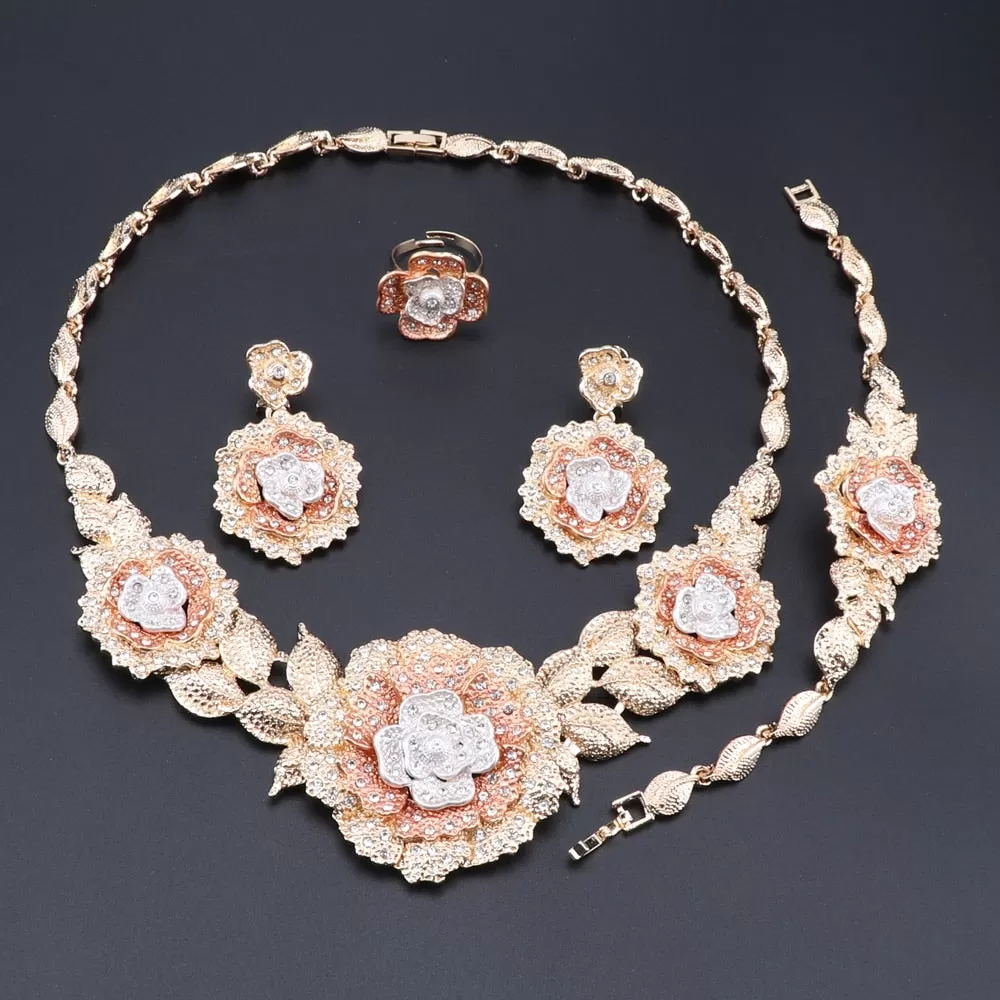 Flower Crystal Necklace, Bracelet, Earrings & Ring Wedding Statement Jewelry Set