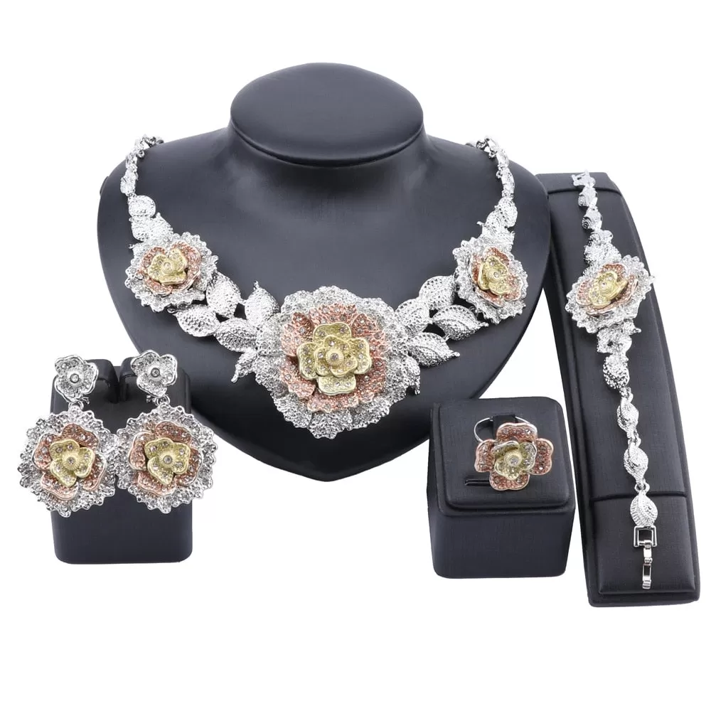 Flower Crystal Necklace, Bracelet, Earrings & Ring Wedding Statement Jewelry Set