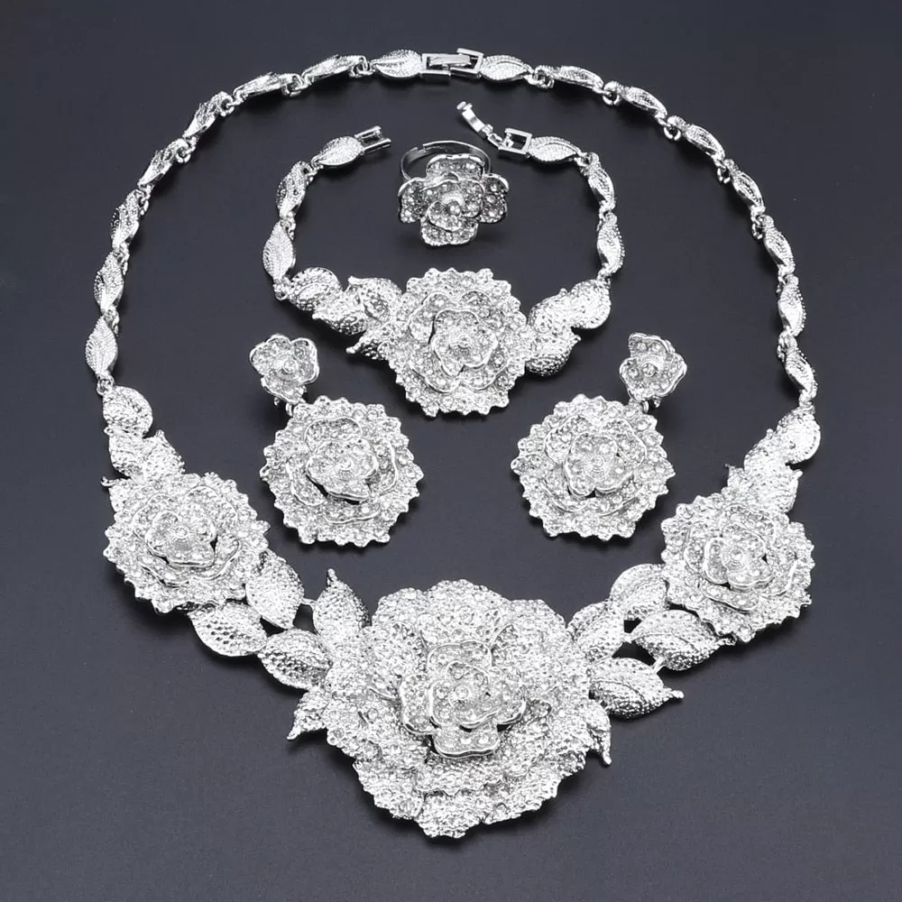 Flower Crystal Necklace, Bracelet, Earrings & Ring Wedding Statement Jewelry Set