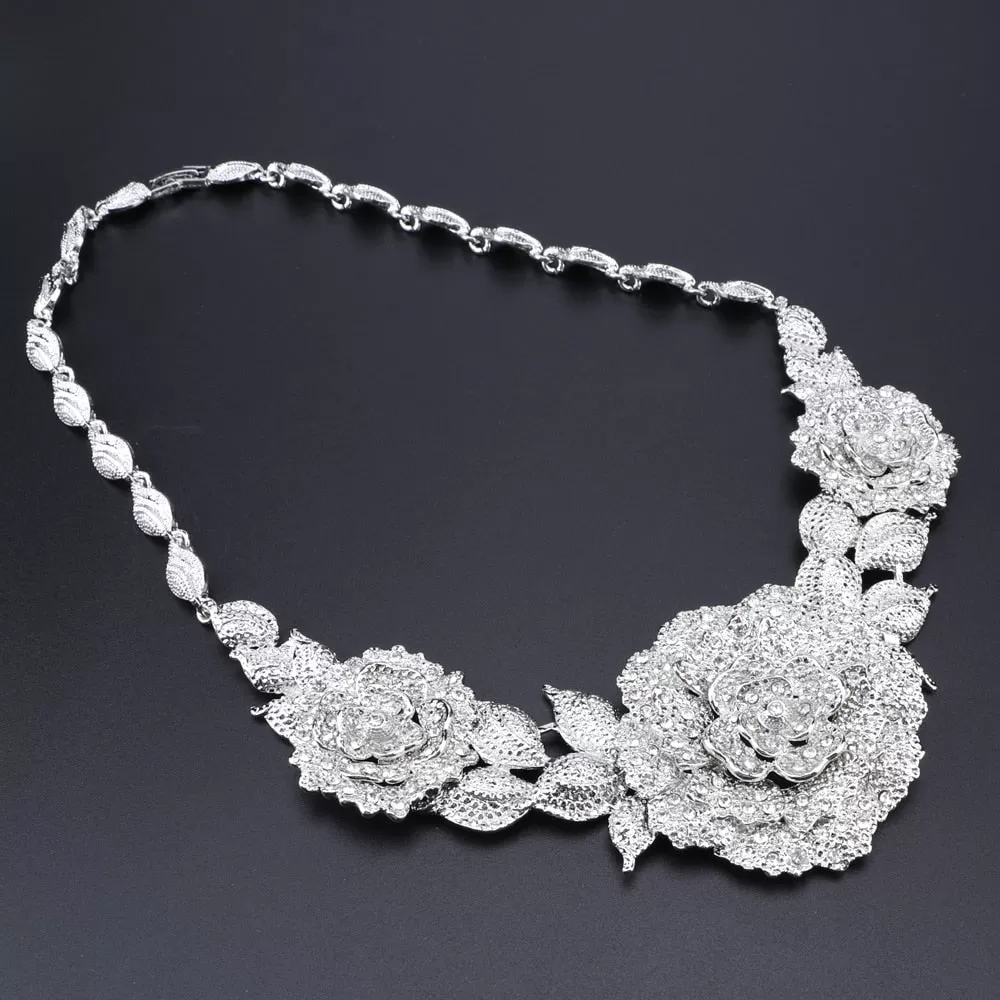 Flower Crystal Necklace, Bracelet, Earrings & Ring Wedding Statement Jewelry Set