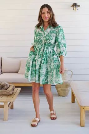 Gabrielle 3/4 Sleeve White/Green Print Collared Dress