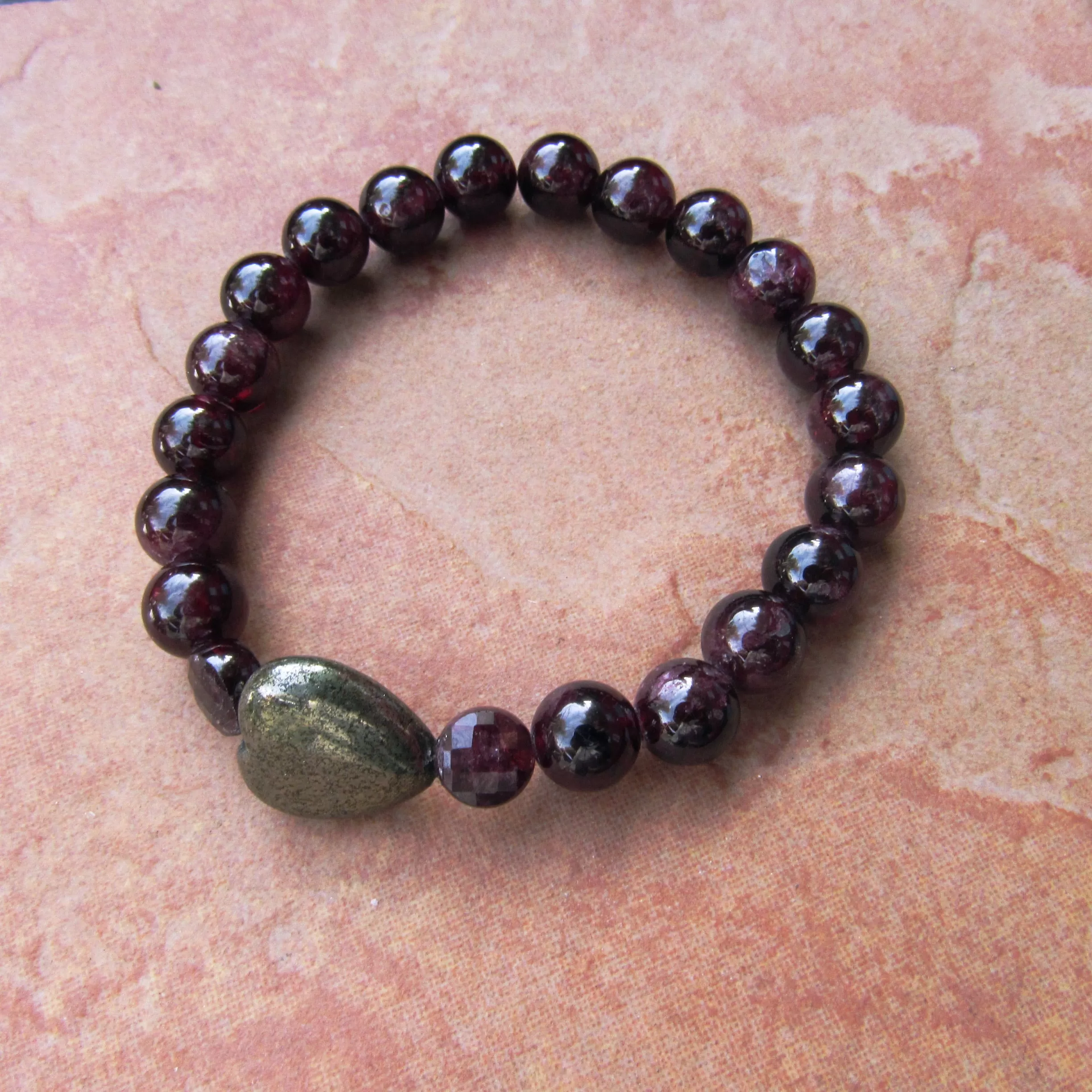 Garnet and Pyrite Heart Chunky Stretch Bracelet