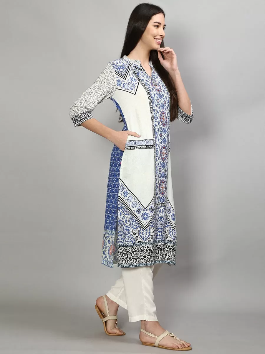 Glamorous White & Blue Ornamental Printed Kurta