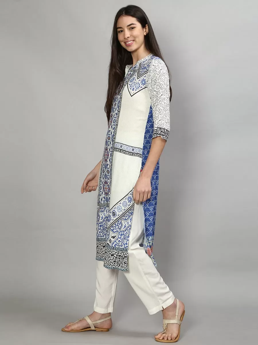 Glamorous White & Blue Ornamental Printed Kurta