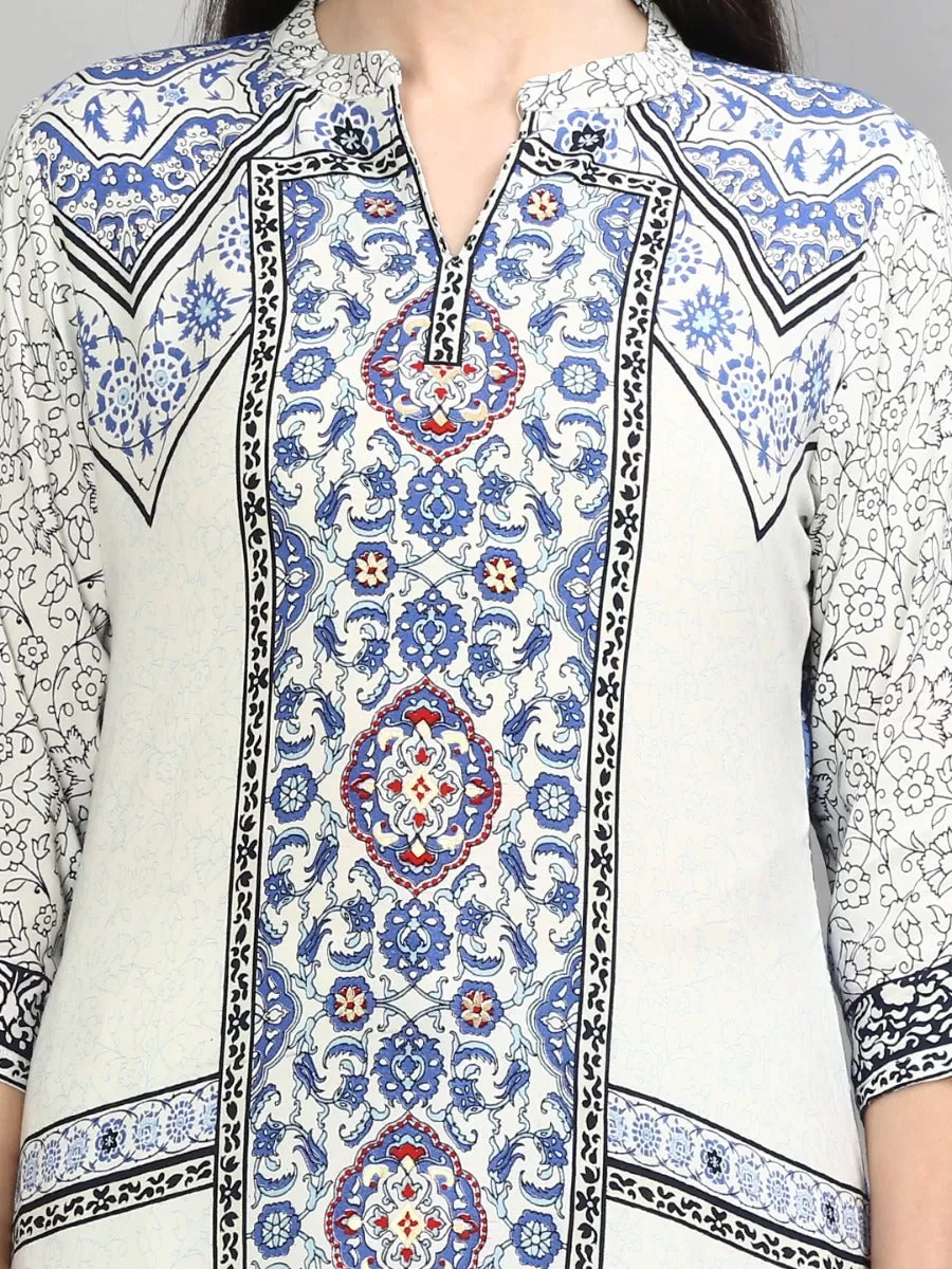 Glamorous White & Blue Ornamental Printed Kurta