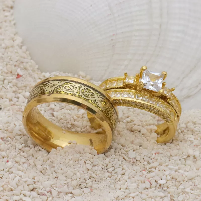 Gold Celtic Dragon and White Cubic Zirconia Gold-Plated Stainless Steel Wedding Ring Set