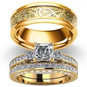 Gold Celtic Dragon and White Cubic Zirconia Gold-Plated Stainless Steel Wedding Ring Set