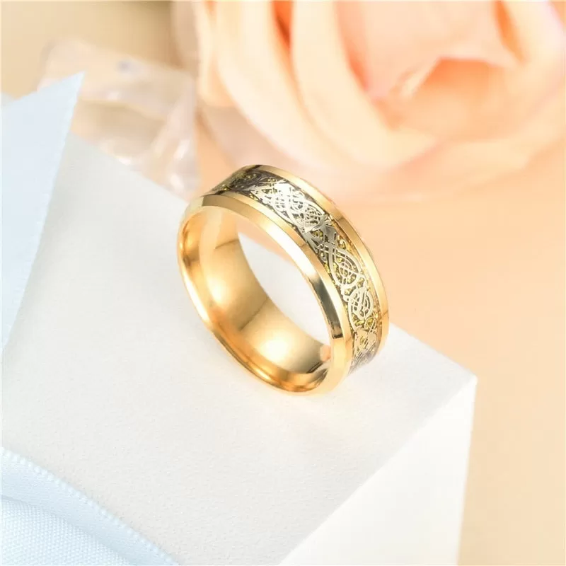 Gold Celtic Dragon and White Cubic Zirconia Gold-Plated Stainless Steel Wedding Ring Set