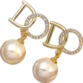 Gold/ Diamante And Pearl D Logo Earrings