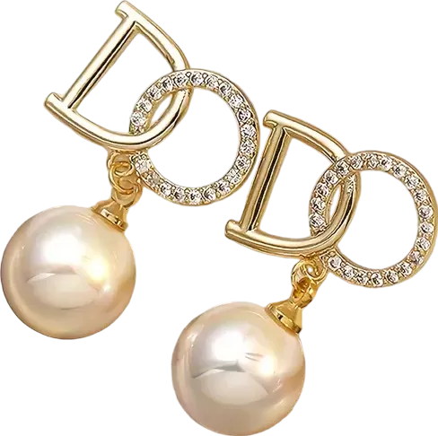 Gold/ Diamante And Pearl D Logo Earrings