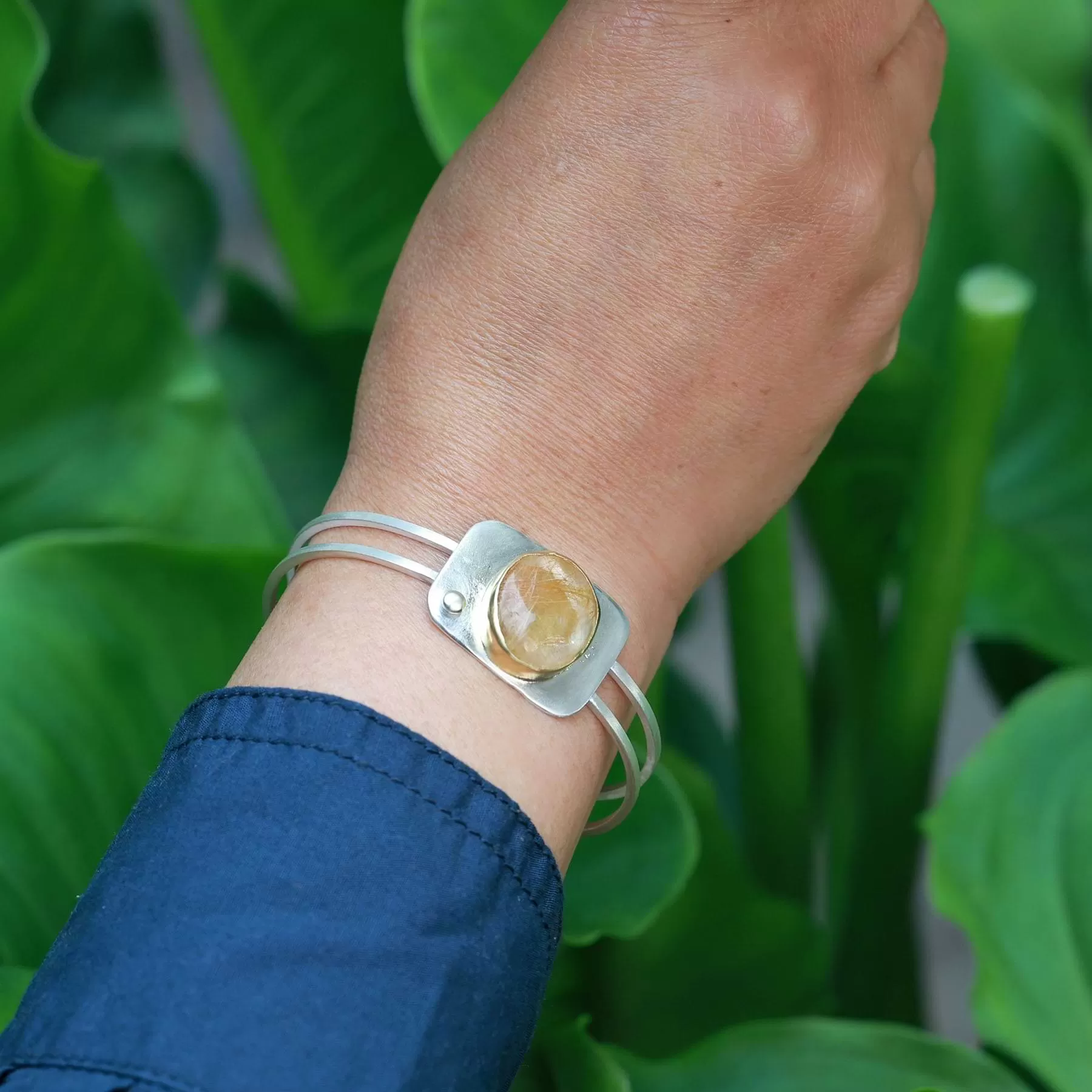 Golden - Rutilated Quartz Mixed Metal Cuff Bracelet