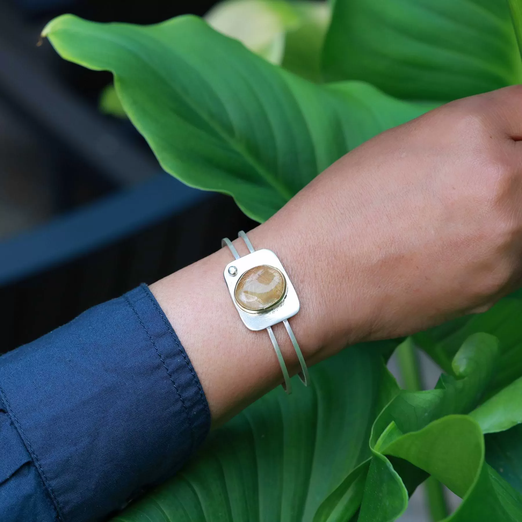 Golden - Rutilated Quartz Mixed Metal Cuff Bracelet