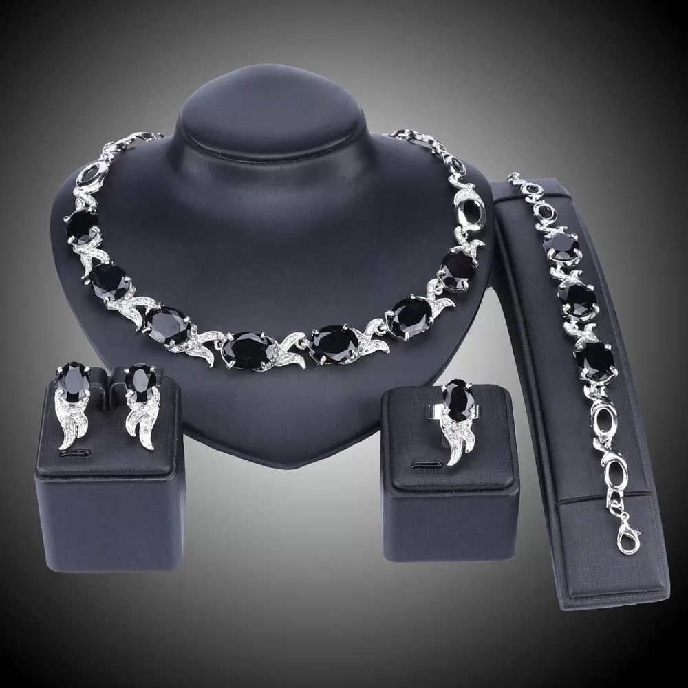 Gold/Silver-Plated Black Crystal Necklace, Bracelet, Earrings & Ring Wedding Jewelry Set