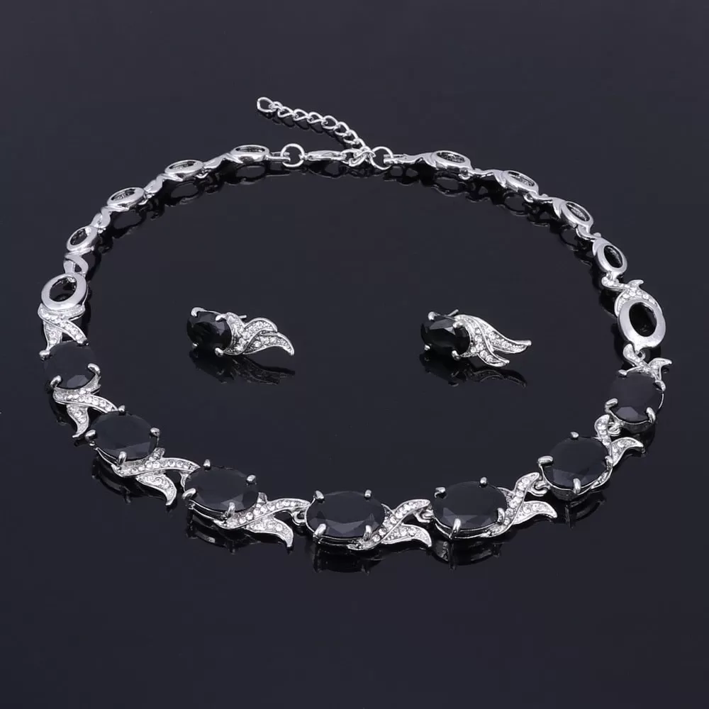 Gold/Silver-Plated Black Crystal Necklace, Bracelet, Earrings & Ring Wedding Jewelry Set