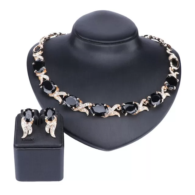 Gold/Silver-Plated Black Crystal Necklace, Bracelet, Earrings & Ring Wedding Jewelry Set