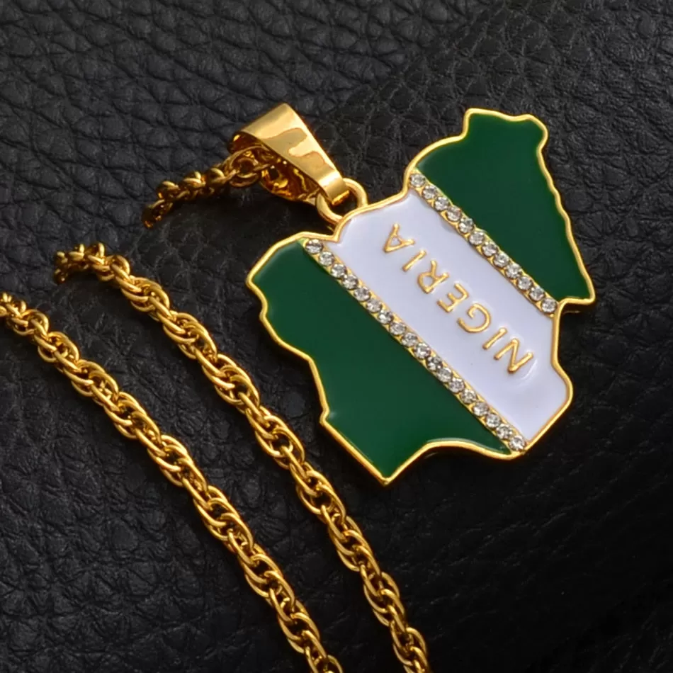 Gold/Silver-Plated Nigeria Map Flag Rhinestone Pendant Necklace