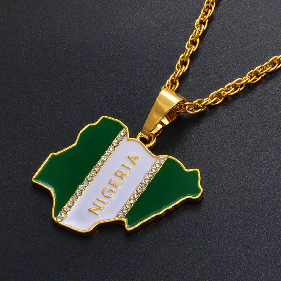 Gold/Silver-Plated Nigeria Map Flag Rhinestone Pendant Necklace