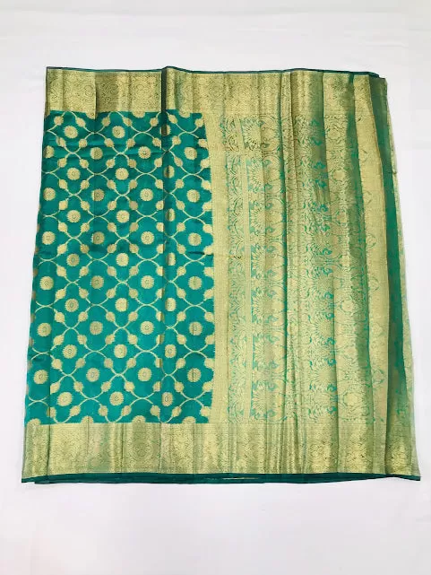 Gorgeous Teal Green Color Silk Cotton Saree With Zari Work For Women