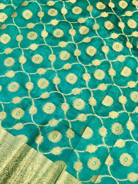 Gorgeous Teal Green Color Silk Cotton Saree With Zari Work For Women