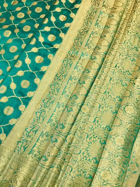 Gorgeous Teal Green Color Silk Cotton Saree With Zari Work For Women