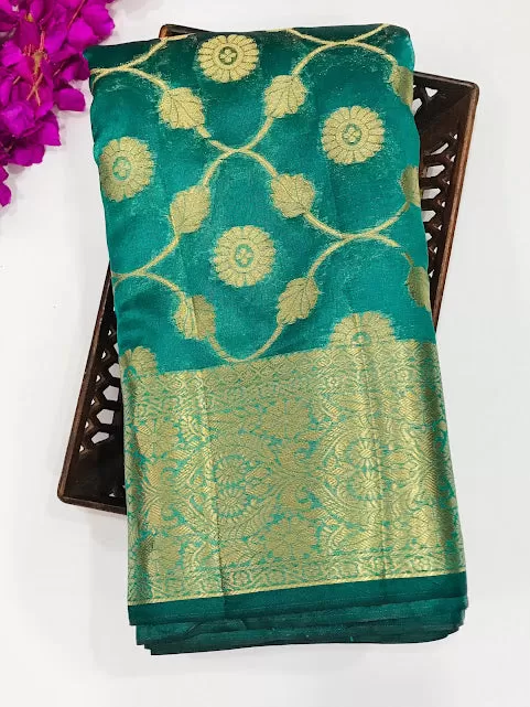 Gorgeous Teal Green Color Silk Cotton Saree With Zari Work For Women