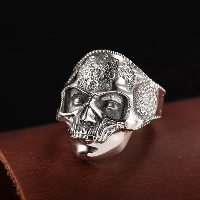 Gothic Lotus Mask Big Skull 925 Sterling Silver Adjustable Vintage Punk Rock Hip-hop Biker Ring