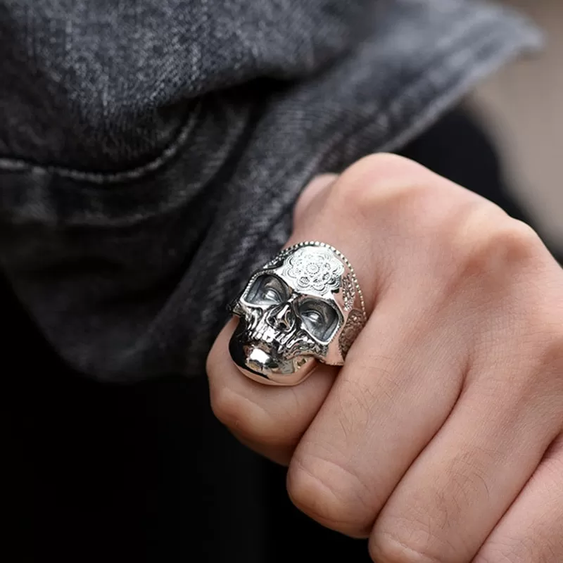 Gothic Lotus Mask Big Skull 925 Sterling Silver Adjustable Vintage Punk Rock Hip-hop Biker Ring