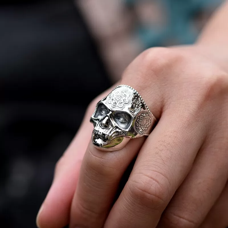 Gothic Lotus Mask Big Skull 925 Sterling Silver Adjustable Vintage Punk Rock Hip-hop Biker Ring