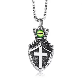 Green Eye Stone Crown Shield Pendant Silver Necklace